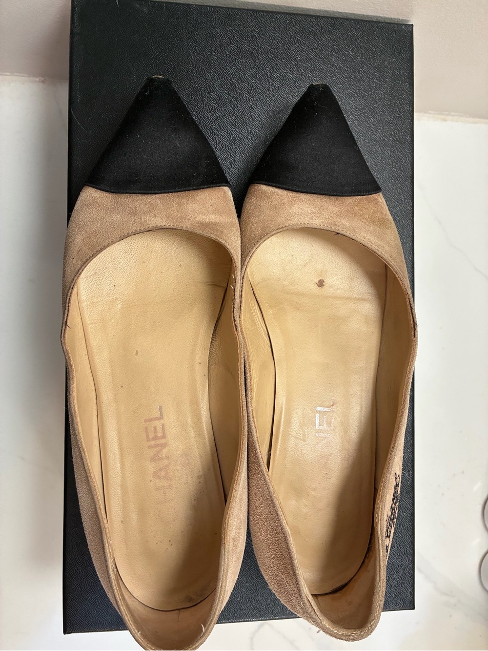 Chanel Classic Two-Tone Suede with Satin Cap-Toe Ballet Flats in Beige and Black - Picture 2 of 7